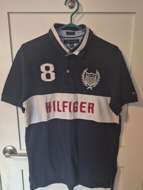 Tommy Hilfiger Rugby Style Polo Colorblock Mens Large Navy & White Custom Fit